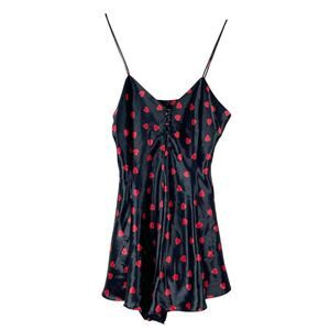 Vintage Sedu Black Satin Nightie Chemise w Red Hearts Size M Bodysuit Buttons